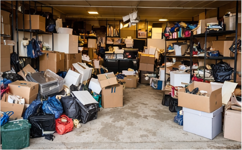 Cluttered garage full of boxes and junk ready for removal